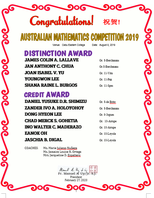 Mathematics Australian Competition 2019